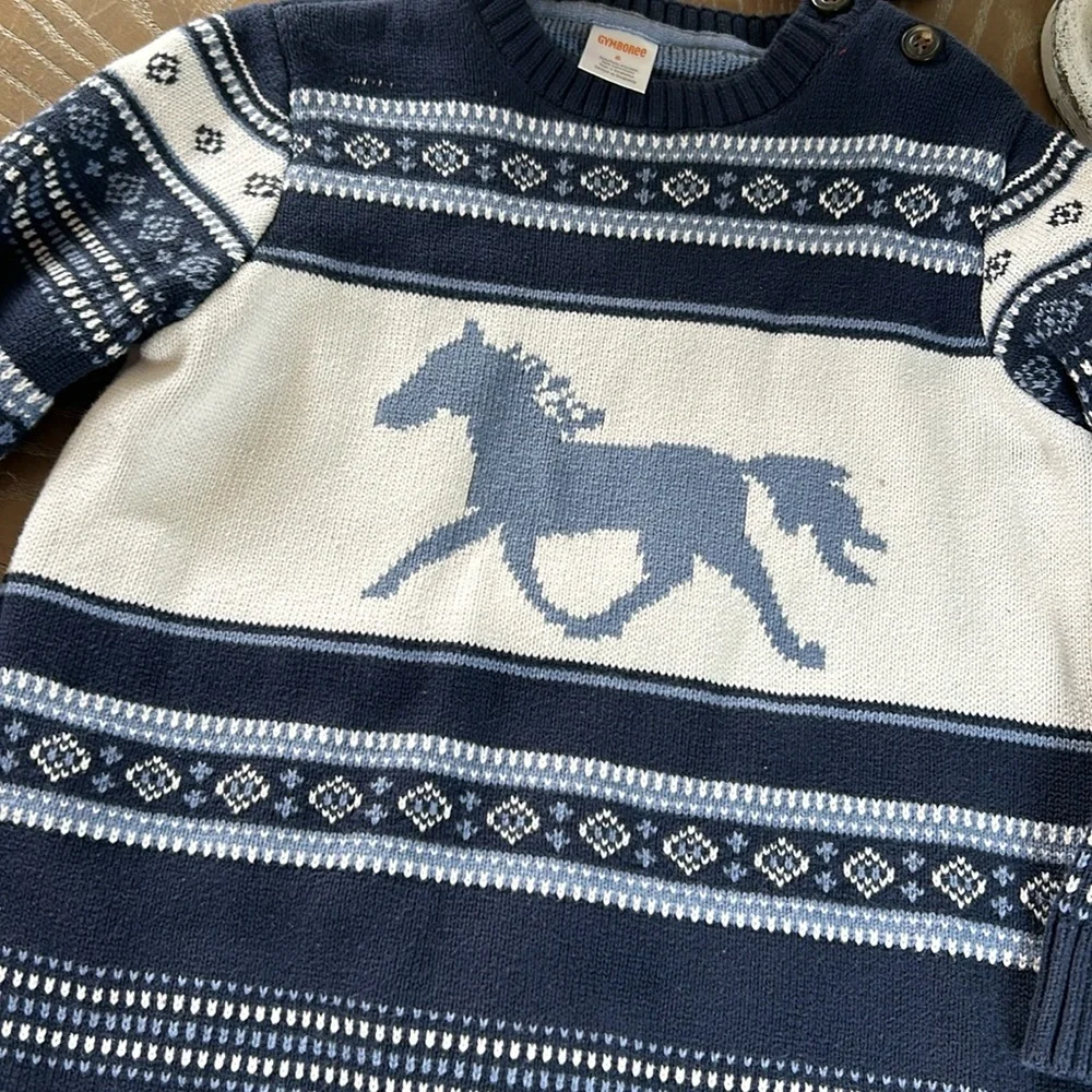Boys Country Blue Western Cowboy Wold Horse Crewneck Gymboree Sweater size 6